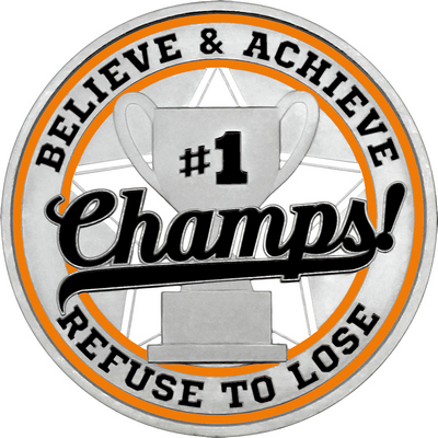 Black "Champs!" with Orange Outer Circular Borders